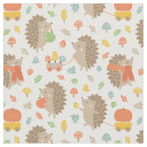 Cute Hedgehogs with Little Leaves cream Fabric