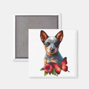 Cute Heeler Puppy With Butterfly and Flower Magnet
