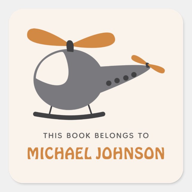 Cute Helicopter & Kid Boy Name Bookplate (Front)