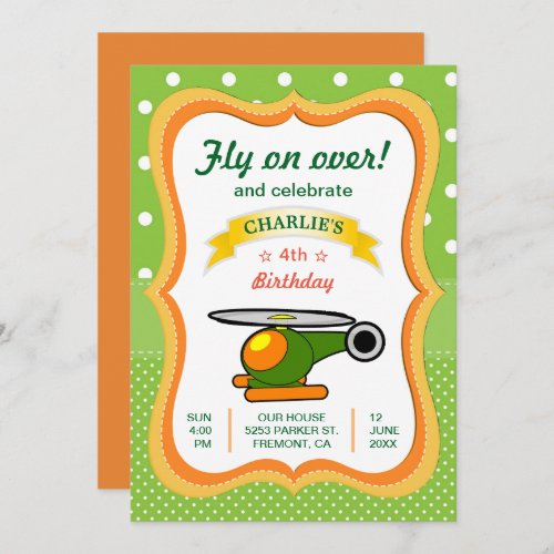 Cute Helicopter Kids Birthday Party Invitation