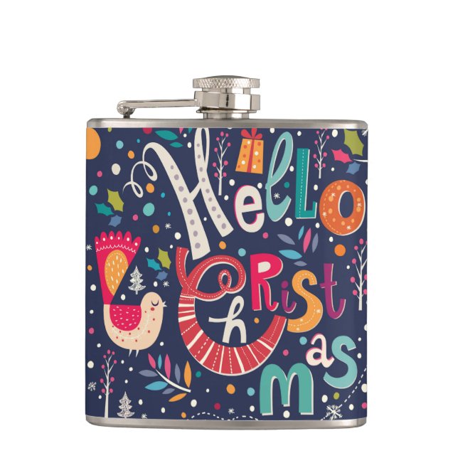 Cute Hello Christmas Colorful Retro Text Design Flask (Front)