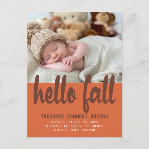 Cute Hello Fall Autumn Baby Birth Photo Announcement Postcard