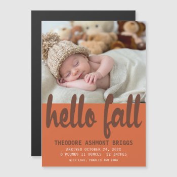 Cute Hello Fall Autumn Baby Birth Photo Magnetic Invitation by Celebrais at Zazzle