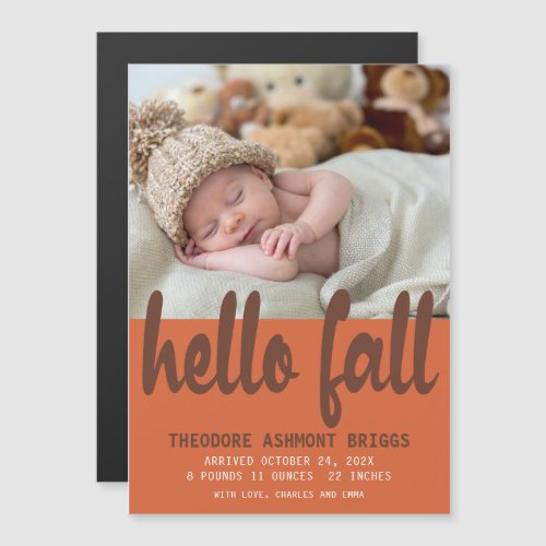 Cute Hello Fall Autumn Baby Birth Photo Magnetic Invitation