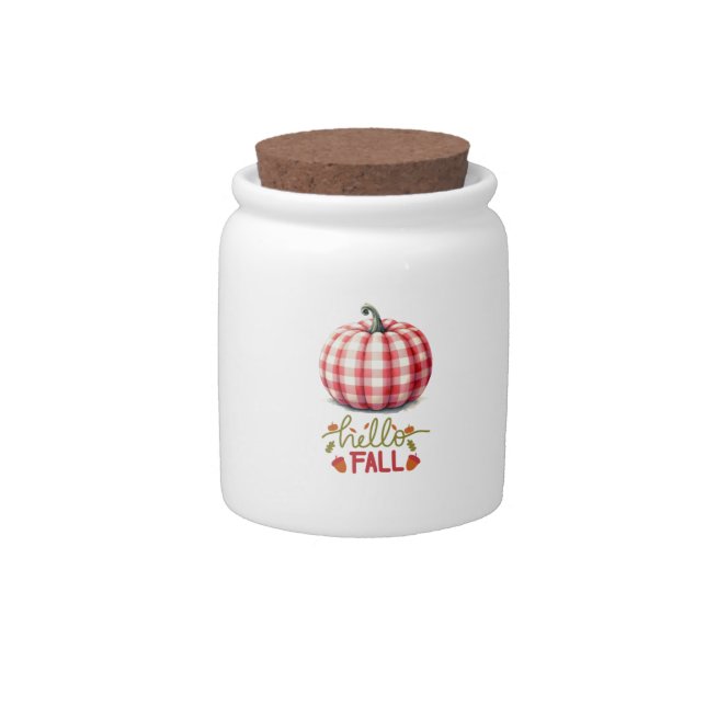 Cute hello fall plaid pumpkin candy jar (Front)