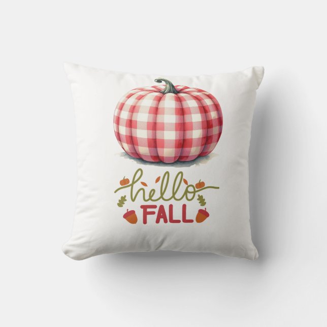 Cute hello fall plaid pumpkin throw pillow (Front)