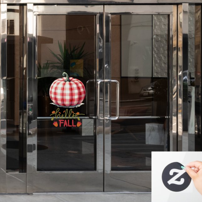 Cute hello fall plaid pumpkin window cling (Office Door)