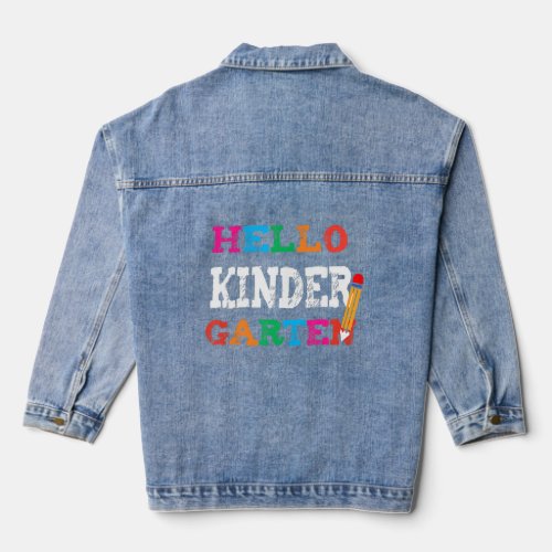 Cute Hello First Day Of Kindergarten Teacher Back  Denim Jacket