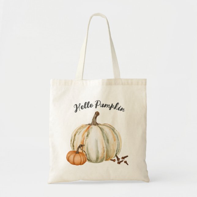 Cute Hello Pumpkin Spice Cozy Fall Tote Bag (Front)