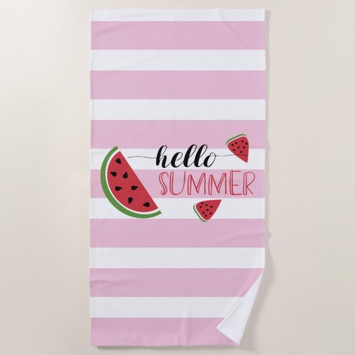 Cute Hello Summer Calligraphy Watermelon Slices Beach Towel