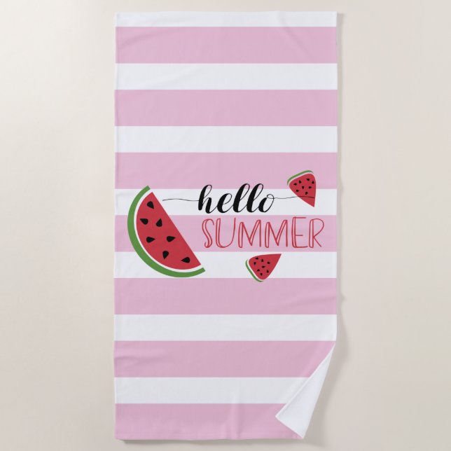 Cute Hello Summer Calligraphy Watermelon Slices Beach Towel (Front)