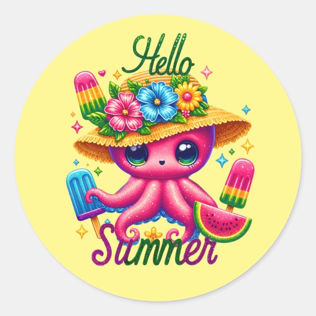 Cute hello Summer octopus Classic Round Sticker (Front)