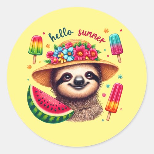 Cute hello Summer sloth  Classic Round Sticker