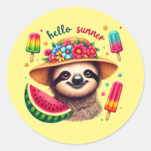 Cute hello Summer sloth Classic Round Sticker