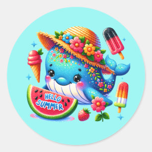 Cute hello Summer whale Classic Round Sticker