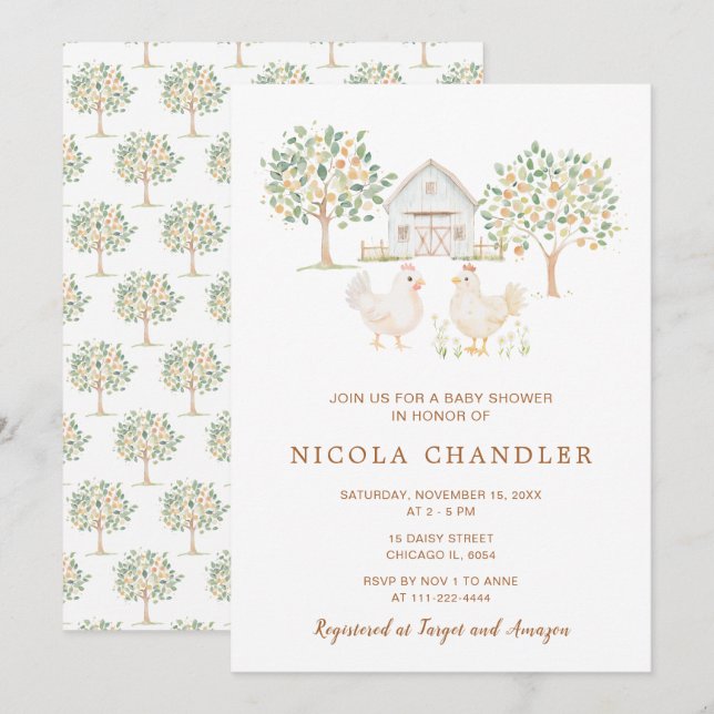 Cute Hens Farm Barn Baby Shower Invitation (Front/Back)