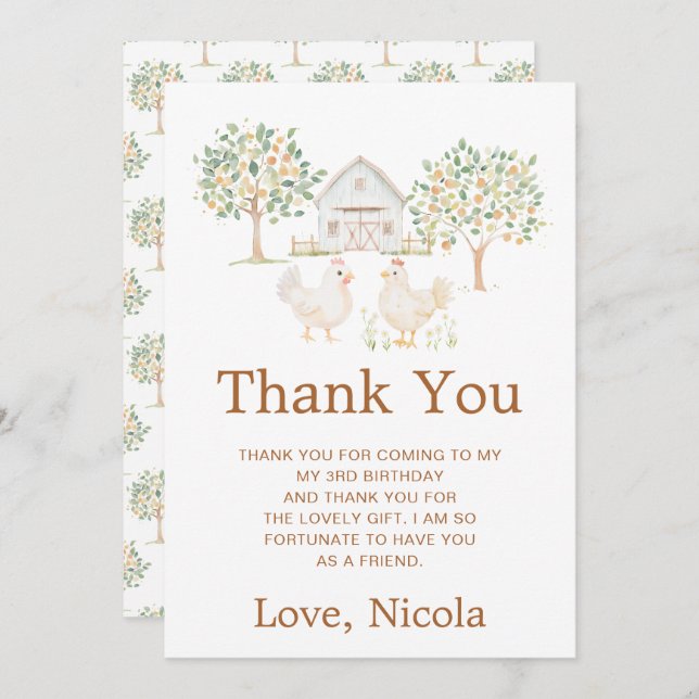Cute Hens Farm Barn Birthday Party Thank You Card (Front/Back)
