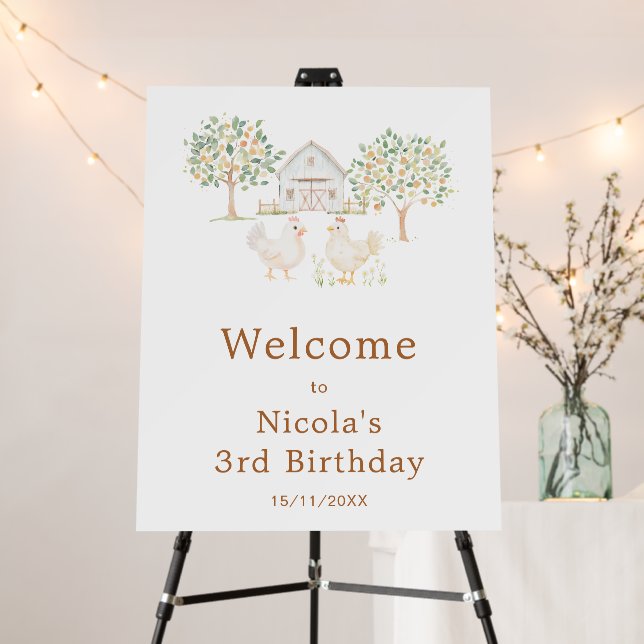 Cute Hens Farm Barn Birthday Party Welcome Sign (In Situ (Stand))
