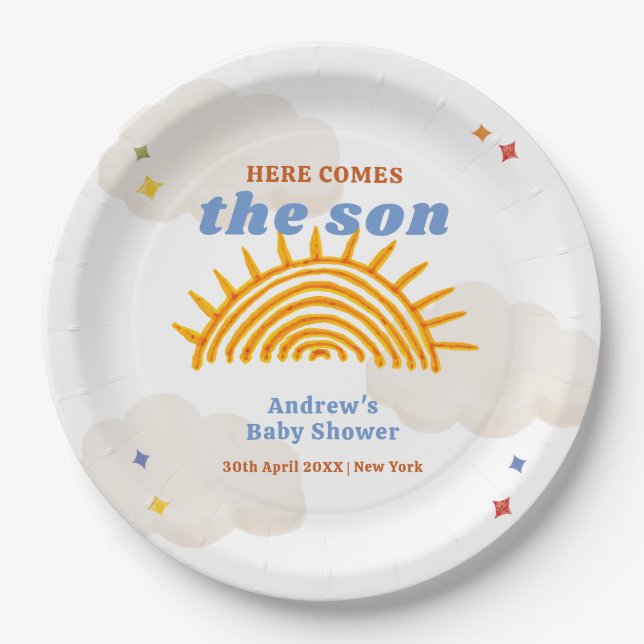 Cute Here Comes The Son Sunshine Baby Shower  Paper Plates (Front)