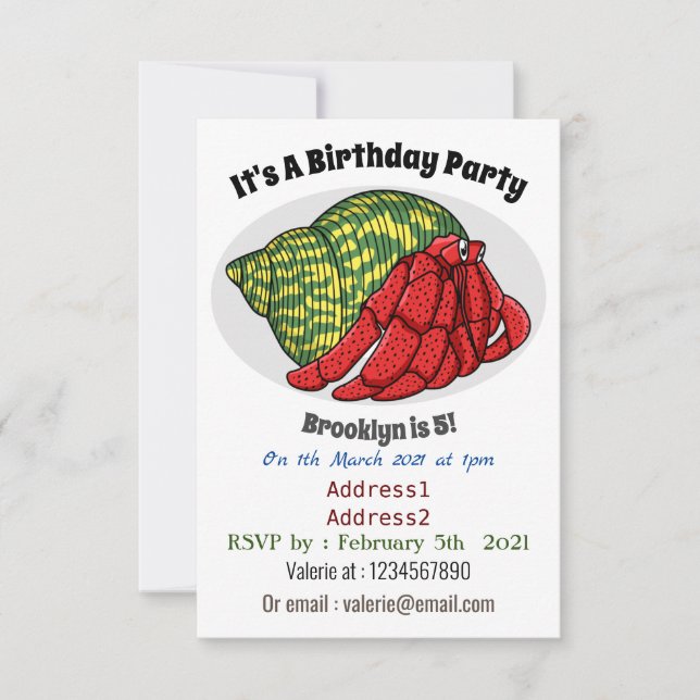 Cute hermit crab cartoon illustration invitation (Front)