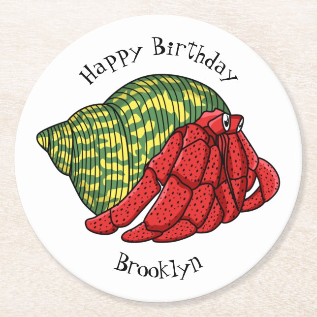 Cute hermit crab cartoon illustration round paper coaster (Front)