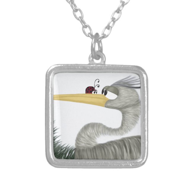 Cute Heron and Ladybug Silver Plated Necklace (Front)
