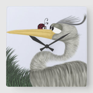 Cute Heron and Ladybug Square Wall Clock