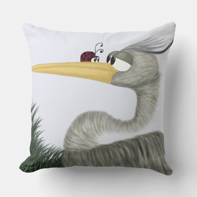 Cute Heron and Ladybug Throw Pillow (Front)
