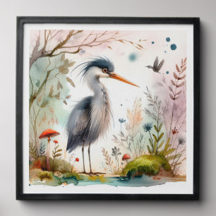 Cute heron bird with mushrooms funny forest kids peel and stick photo tile