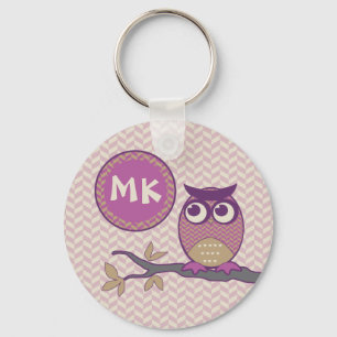 Cute Herringbone Owl Trendy Orchid Purple Moon Keychain