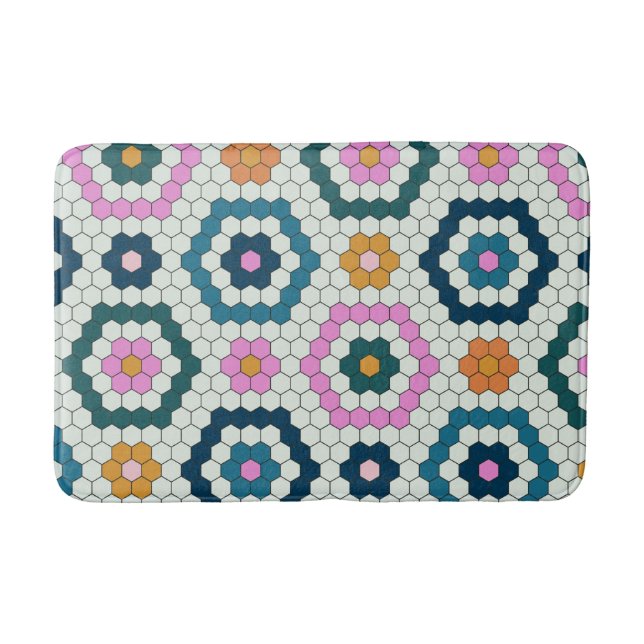 Cute Hexagon Shapes Tile Pattern Retro Teal Pink   Bath Mat (Front)