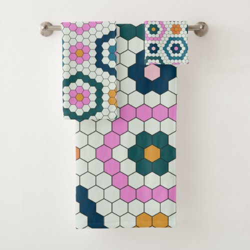 Cute Hexagon Shapes Tile Pattern Retro Teal Pink  Bath Towel Set
