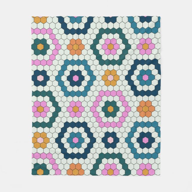 Cute Hexagon Shapes Tile Pattern Retro Teal Pink  Fleece Blanket (Front)