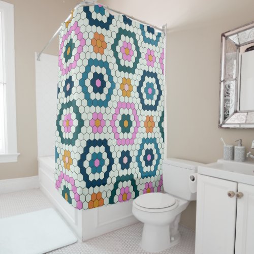 Cute Hexagon Shapes Tile Pattern Retro Teal Pink   Shower Curtain