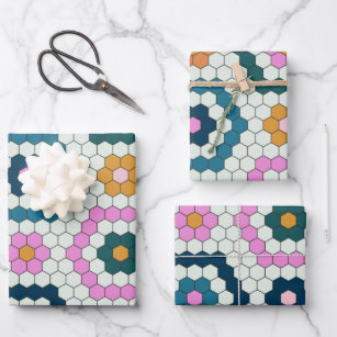 Cute Hexagon Shapes Tile Pattern Retro Teal Pink Wrapping Paper Sheets