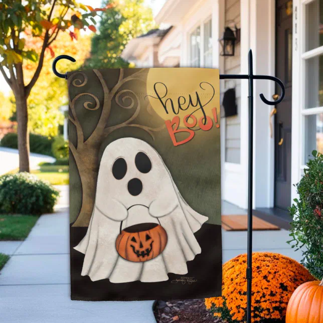 Cute Hey Boo Ghost Pumpkin Halloween Garden Flag
