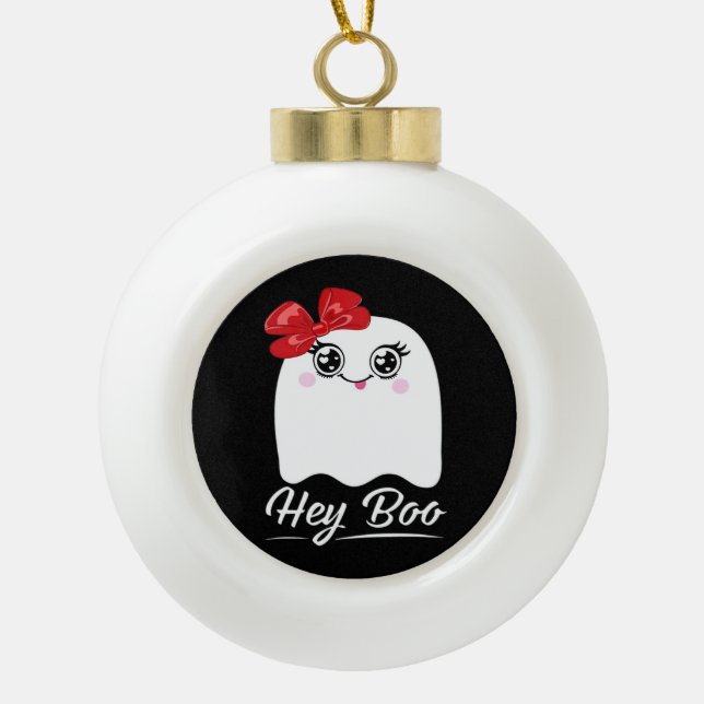 Cute Hey Boo Halloween Design Ceramic Ball Christmas Ornament (Front)