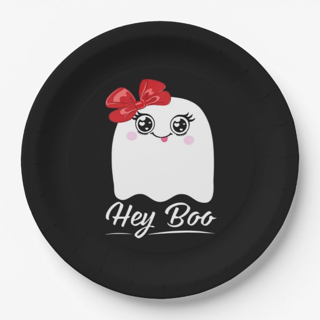 Cute Hey Boo Halloween Design Paper Plates (Front)