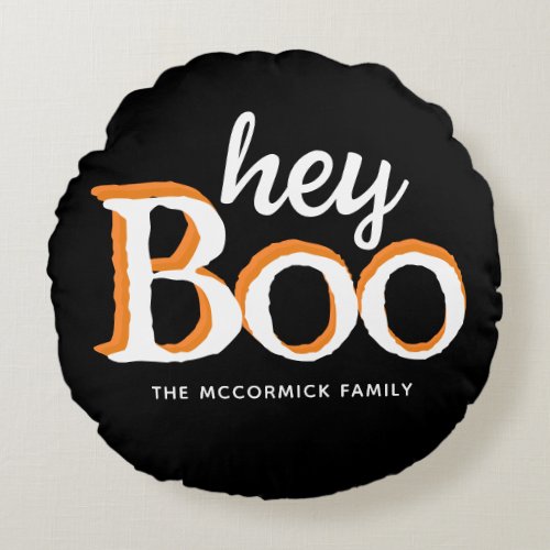 Cute Hey Boo Halloween Family Monogram Round Pillow