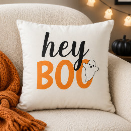 Cute Hey Boo Orange Ghost White Halloween Throw Pillow