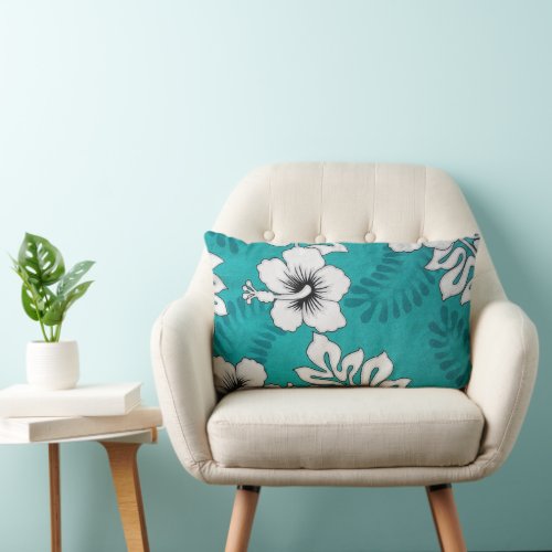 Cute Hibiscus Floral Art Pattern Aqua Turquoise Lumbar Pillow