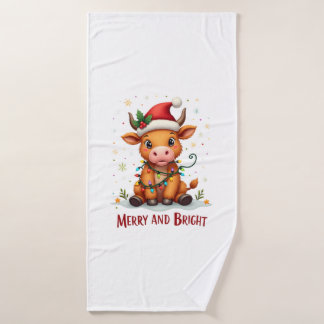 Cute Highland Baby Cow Christmas Lights Merry & Br Bath Towel
