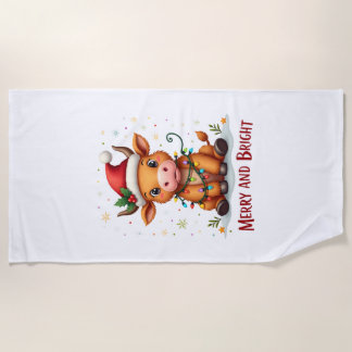 Cute Highland Baby Cow Christmas Lights Merry & Br Beach Towel