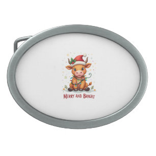 Cute Highland Baby Cow Christmas Lights Merry & Br Belt Buckle