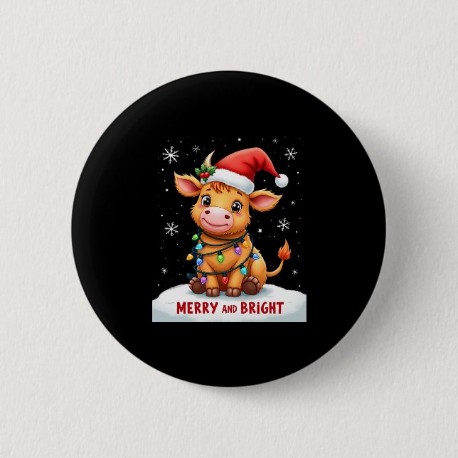 Cute Highland Baby Cow Christmas Lights Merry & Br Button (Front)