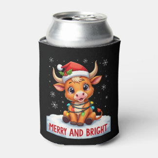 Cute Highland Baby Cow Christmas Lights Merry & Br Can Cooler