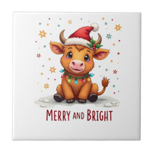 Cute Highland Baby Cow Christmas Lights Merry & Br Ceramic Tile