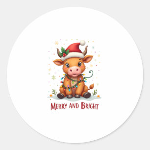 Cute Highland Baby Cow Christmas Lights Merry & Br Classic Round Sticker