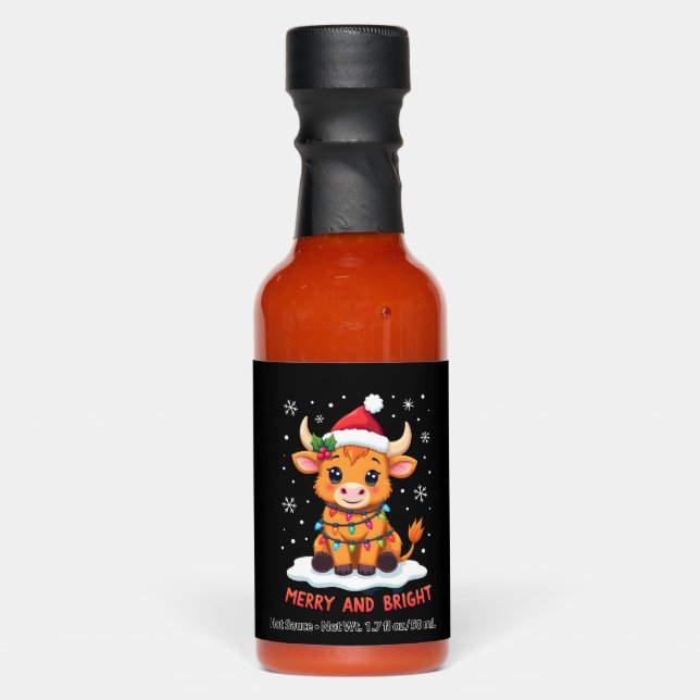Cute Highland Baby Cow Christmas Lights Merry & Br Hot Sauces (Front)