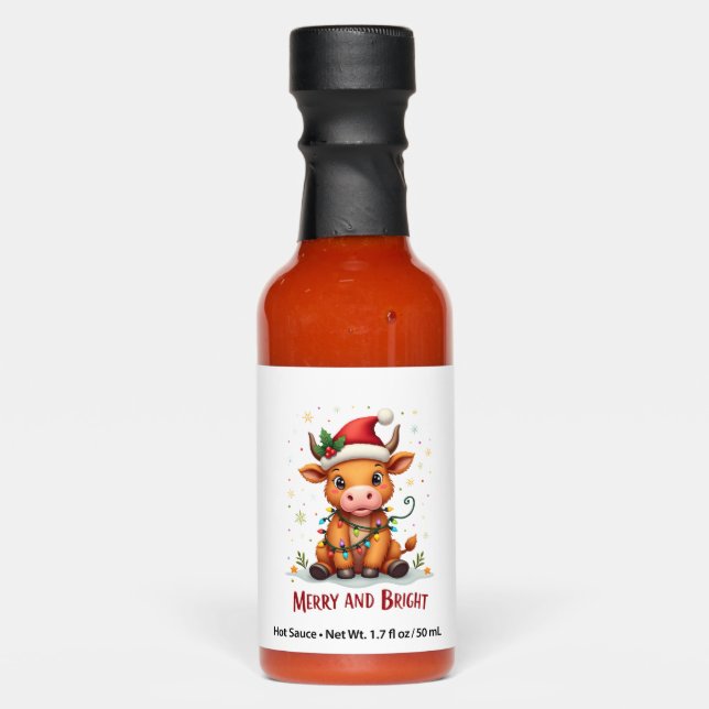 Cute Highland Baby Cow Christmas Lights Merry & Br Hot Sauces (Front)
